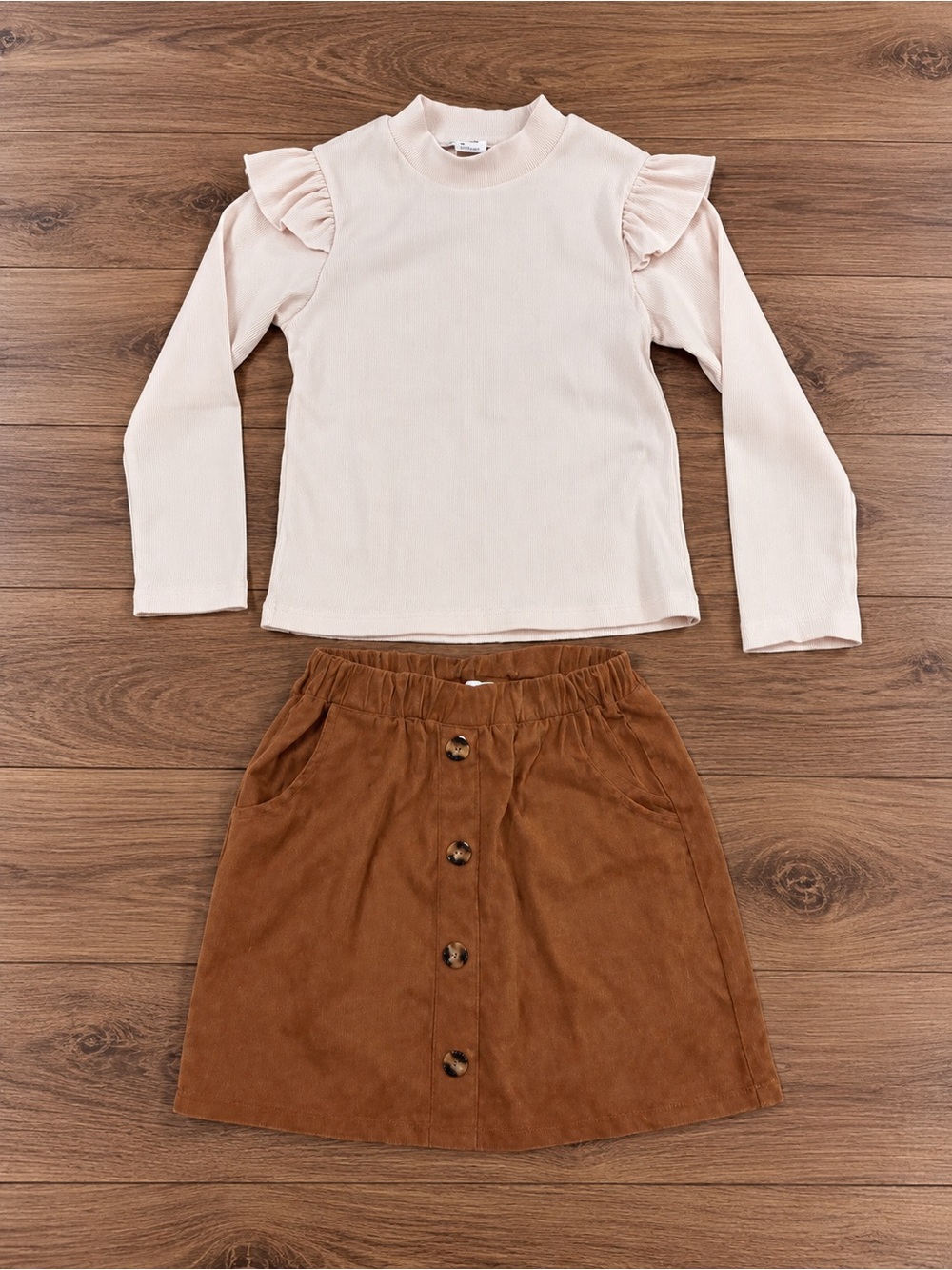 Kids Neutral Ruffle Long-Sleeve Top and Brown Corduroy Button Skirt Set